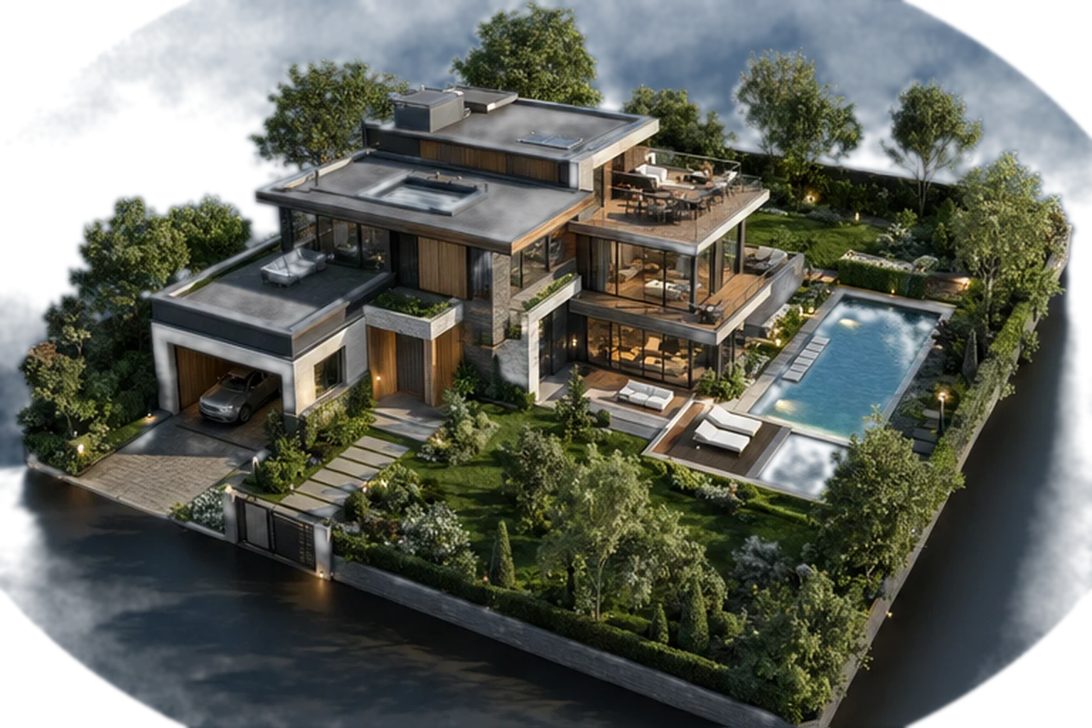 The KONTROL24 residence with its garden, lap pool, garage and glazed living pavilion